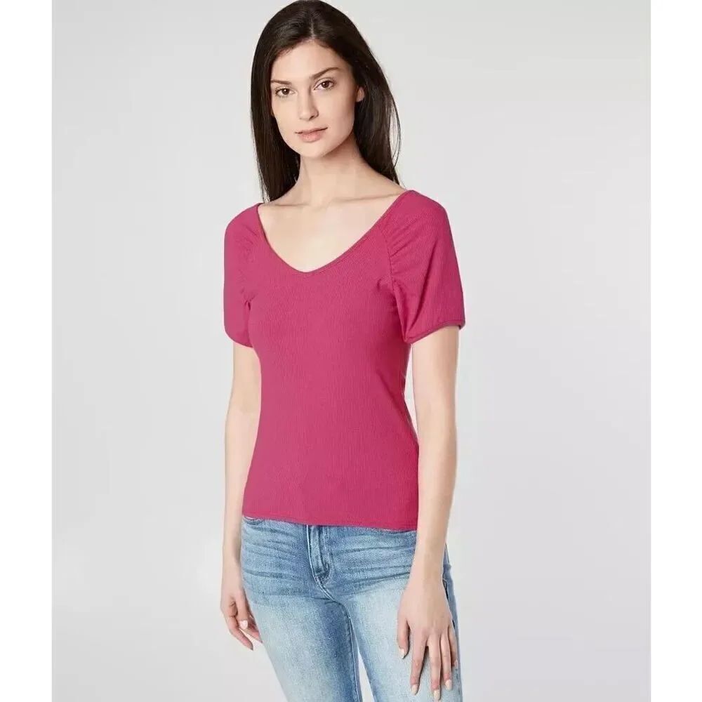 NWT Womens Buckle BKE Core Ribbed Double V Neck Short Top in Rose Violet - Sz S